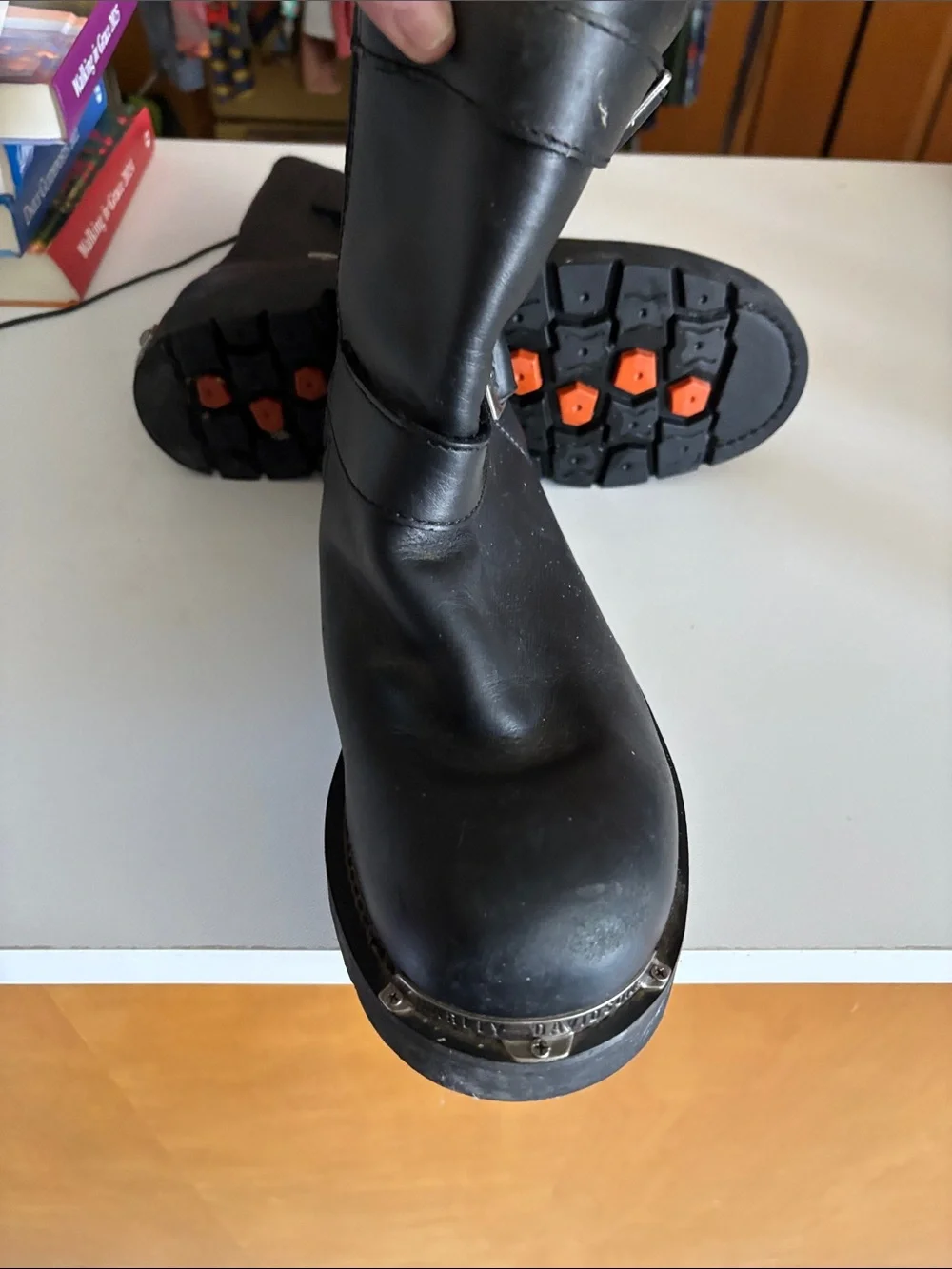 Harley-Davidson Black Leather Engineer Boots with Silver Buckles, steel toe